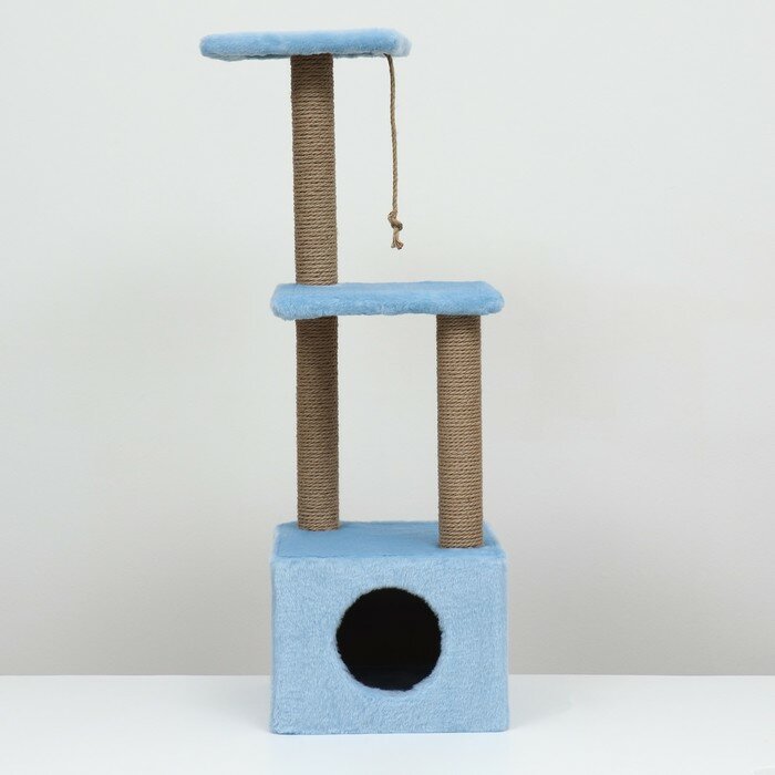 Домик для кошек с двумя полками и ковролином, джут, 37 х 37 х 111 см, голубой - фотография № 2