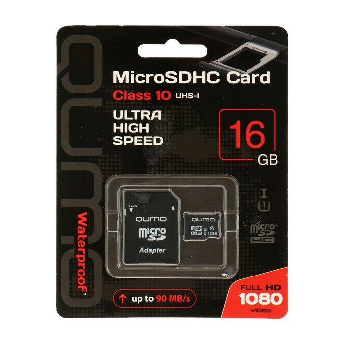 Карты памяти Qumo Карта памяти QUMO MicroSD, 16 Гб, SDHC, UHS-I, класс 10, с адаптером SD