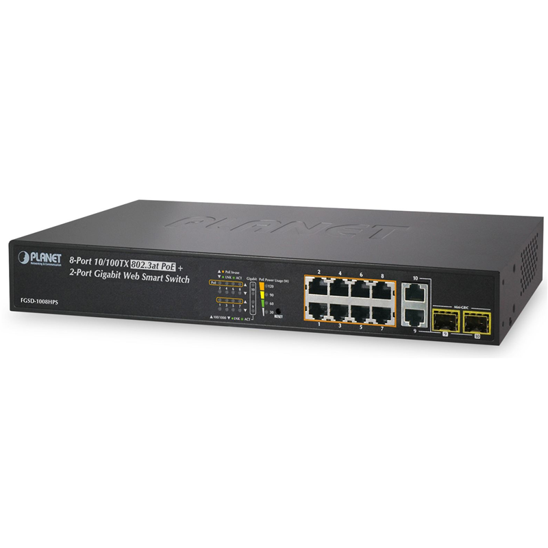 коммутатор/ PLANET 8-Port 10/100TX 802.3at High Power POE + 2-Port Gigabit TP/SFP Combo Managed Ethernet Switch (120W)
