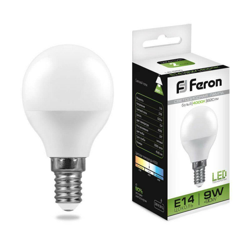 Feron LB-550 Лампа светодиодная , G45 (шар малый), 9W 230V E14 4000К , рассеиватель матовый , 25802