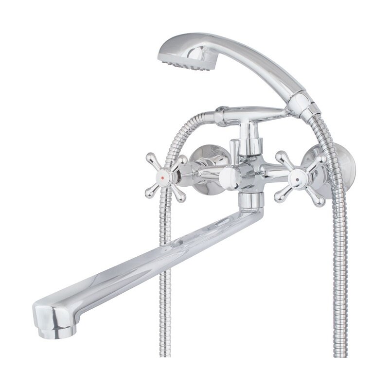 фото Микс ЭНД фикс 7401-01 Смеситель д/ванны Соффрон двуручный с L-изливом 350мм и аксесс. карт. дивертор