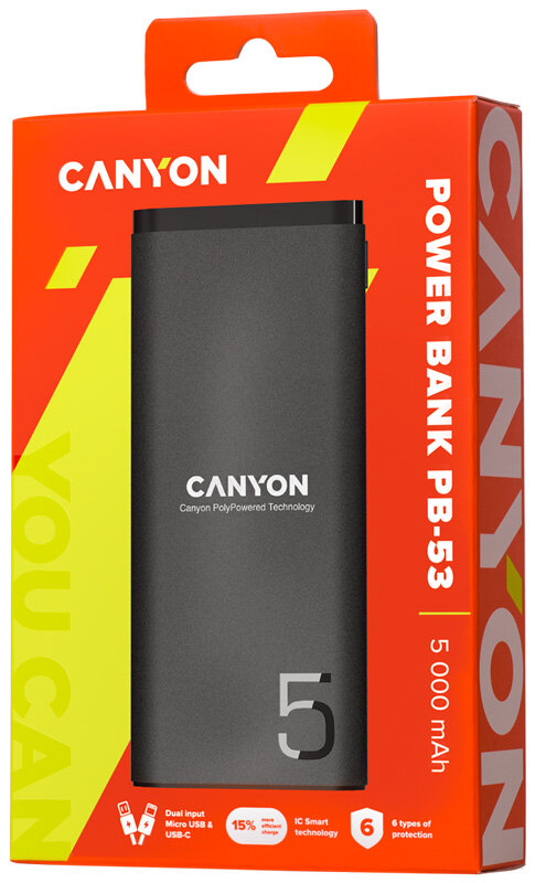 Внешний аккумулятор Canyon PB-53 с дополнительным Type-C входом 5000 мАч IN 5V / 2A Micro USB/Type-C) OUT 5V-21A USB) Smart IC черный
