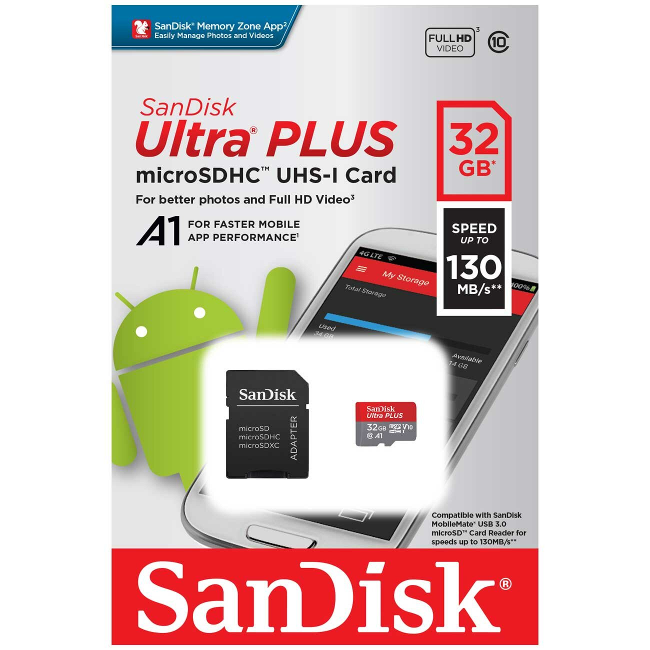 Карта памяти MicroSD SanDisk 32GB Ultra PLUS UHS-I (SDSQUB3-032G-GN6MA)