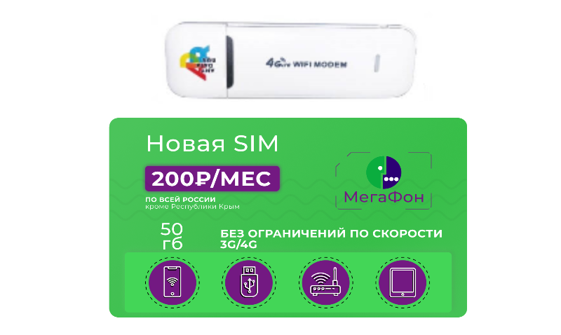USB модем Anydata W150 WiFi с сим-картой Мегафон 50 Гб 200 руб/мес