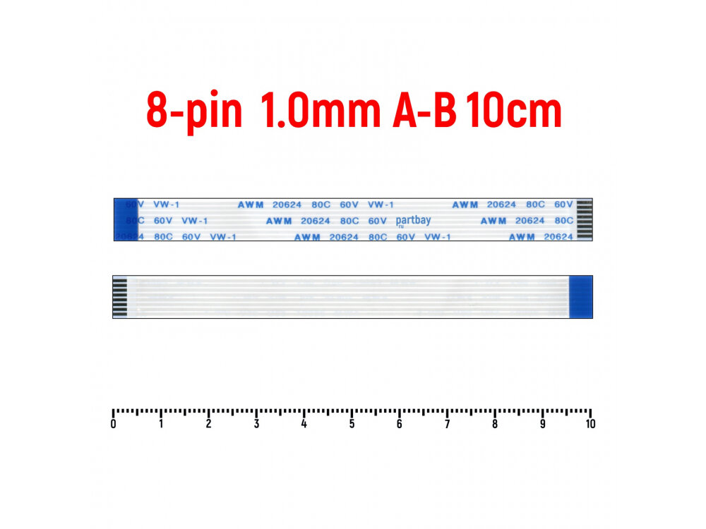 Шлейф FFC 8-pin Шаг 1.0mm Длина 10cm Обратный A-B AWM 20624 80C 60V VW-1