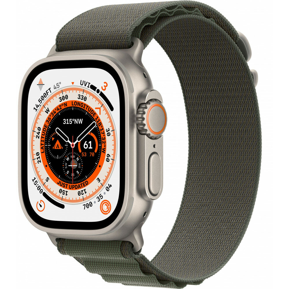 Apple Watch Ultra GPS + Cellular, 49 мм, корпус из титана, ремешок Alpine зеленого цвета, размер L (MQFP3)