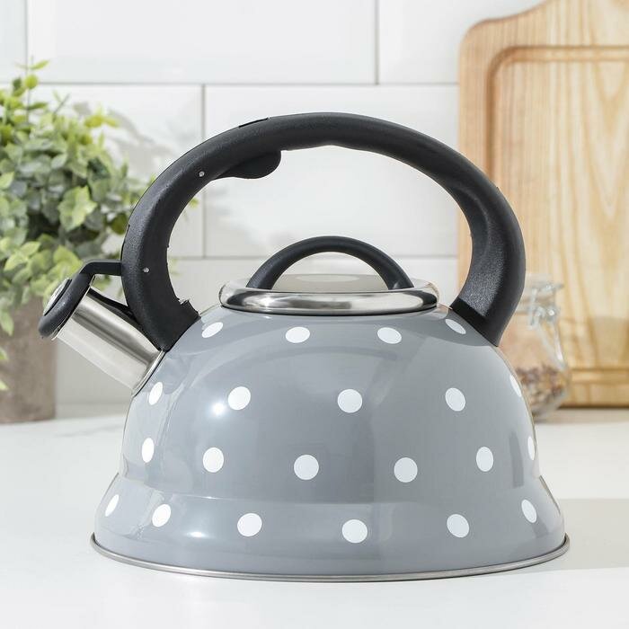 Чайник со свистком из нержавеющей стали Доляна «Горошек», 2,8 л, цвет серый - фотография № 1