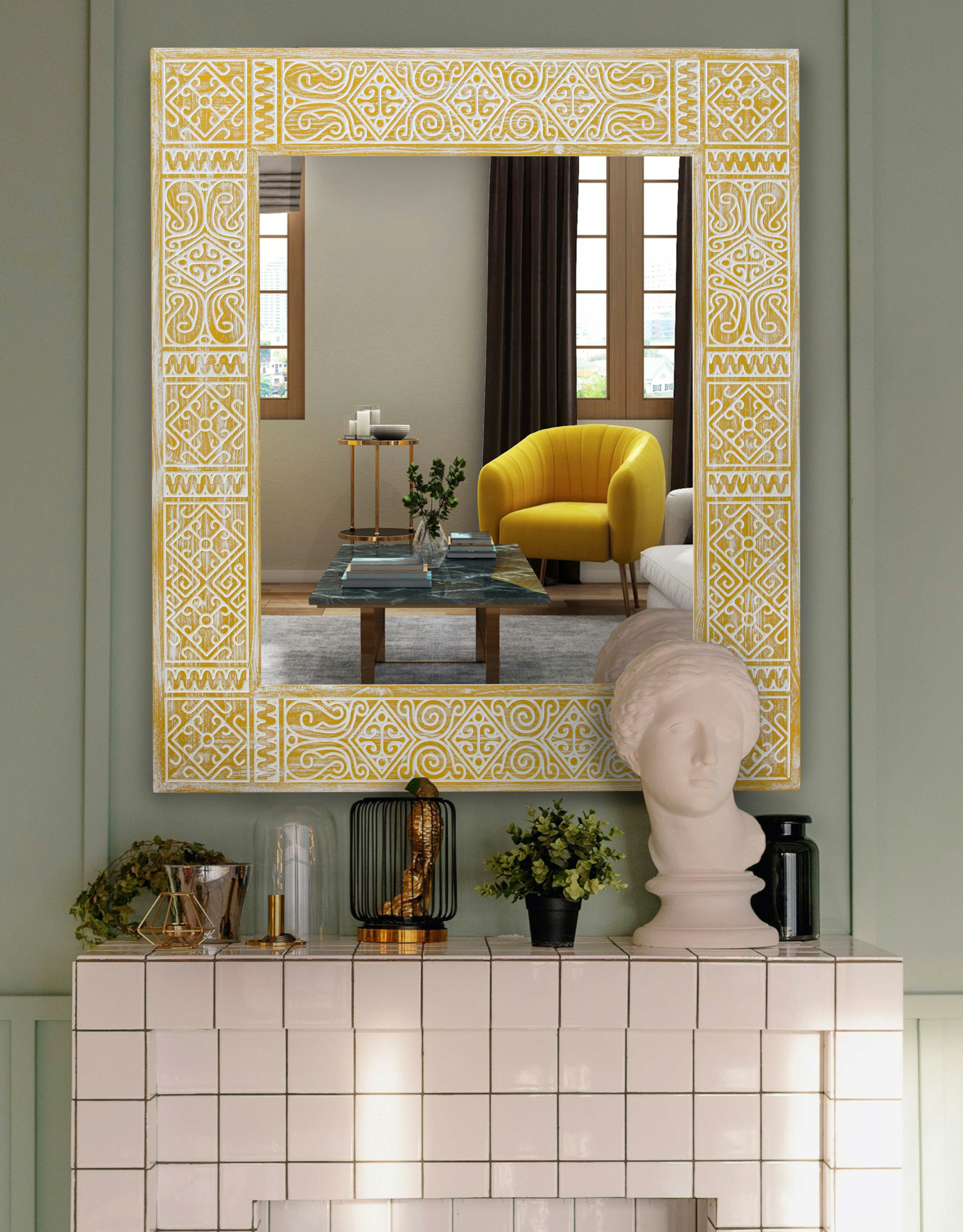 Интерьерное зеркало в раме из массива Balian Yellow 70x82 см, для ванной, спальни, гостиной, в прихожую, настенное - фотография № 7