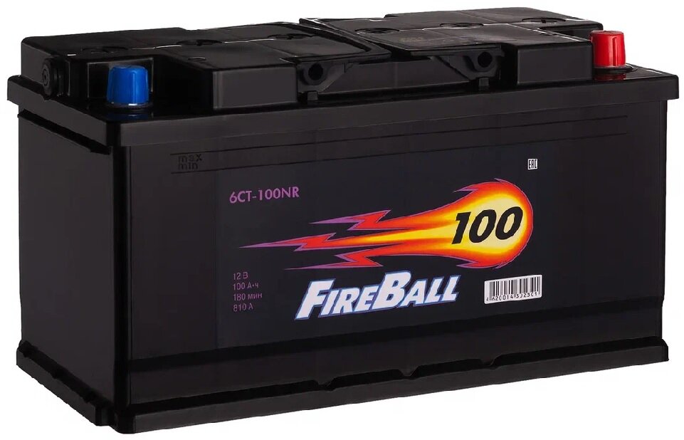 Аккумулятор автомобильный 100ач FireBall/6СТ-100NR/Пусковой ток 810A/Размер 353x175x190 мм./обратная полярность (евро)