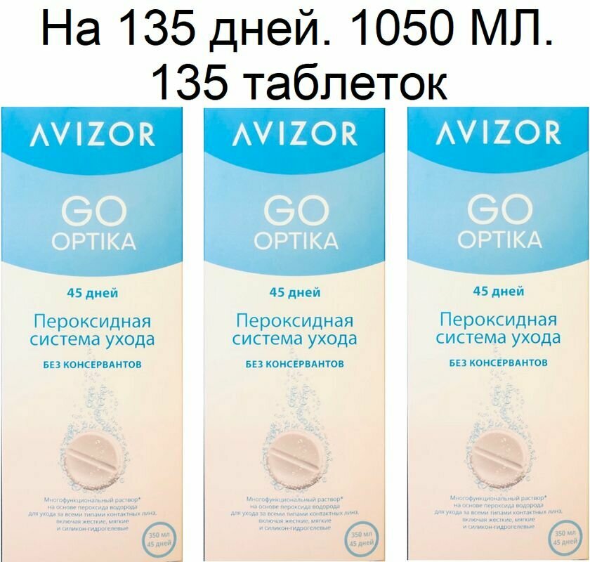 Пероксидные растворы, системы. Avizor GO OPTIKA Ever Clean 1050 мл + 135 таблеток + 3 контейнера
