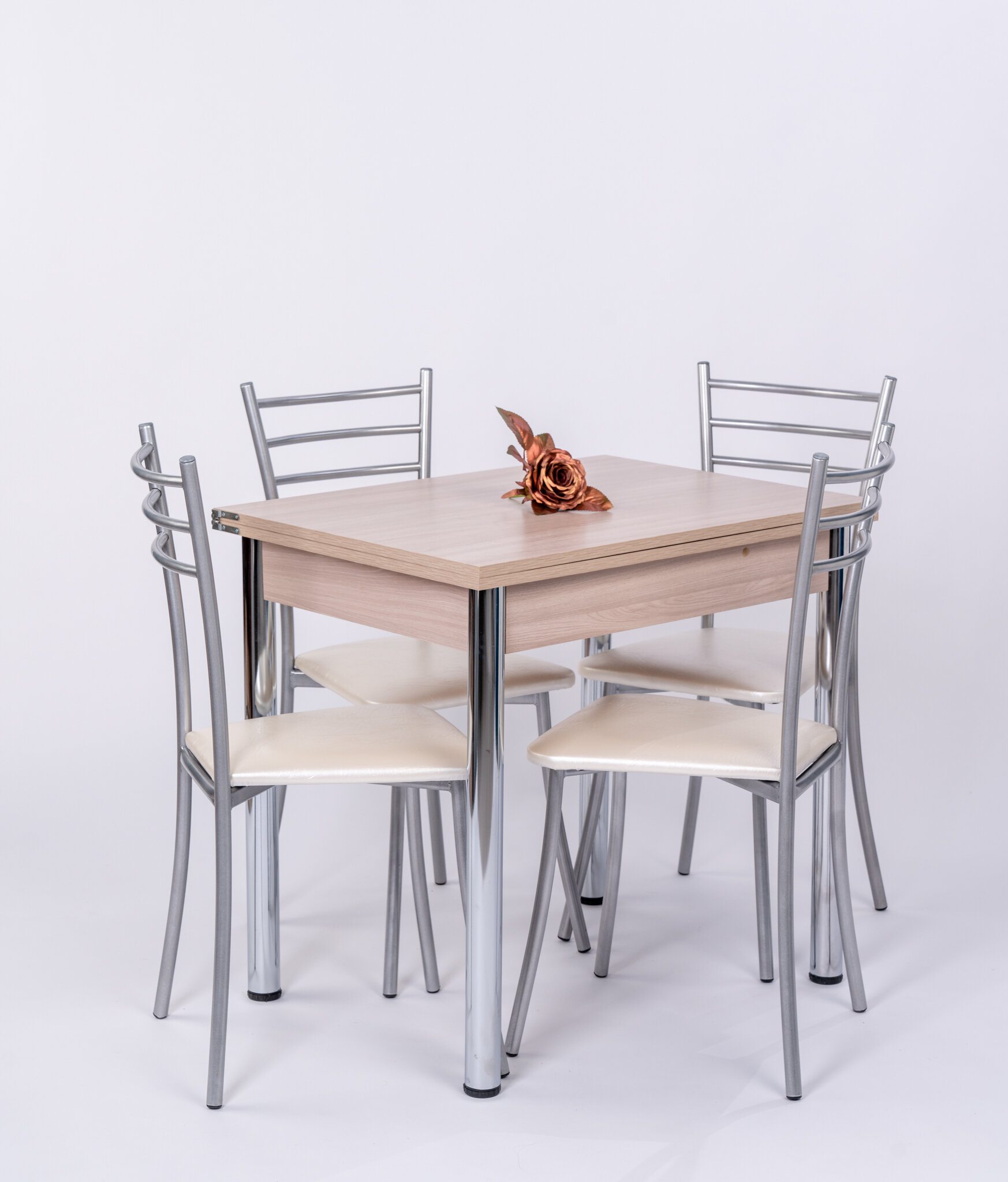 Обеденная группа с 4 стульями, стол на хромированных ножках 80х120 Шимо, стулья Хоко жемчужный - фотография № 1
