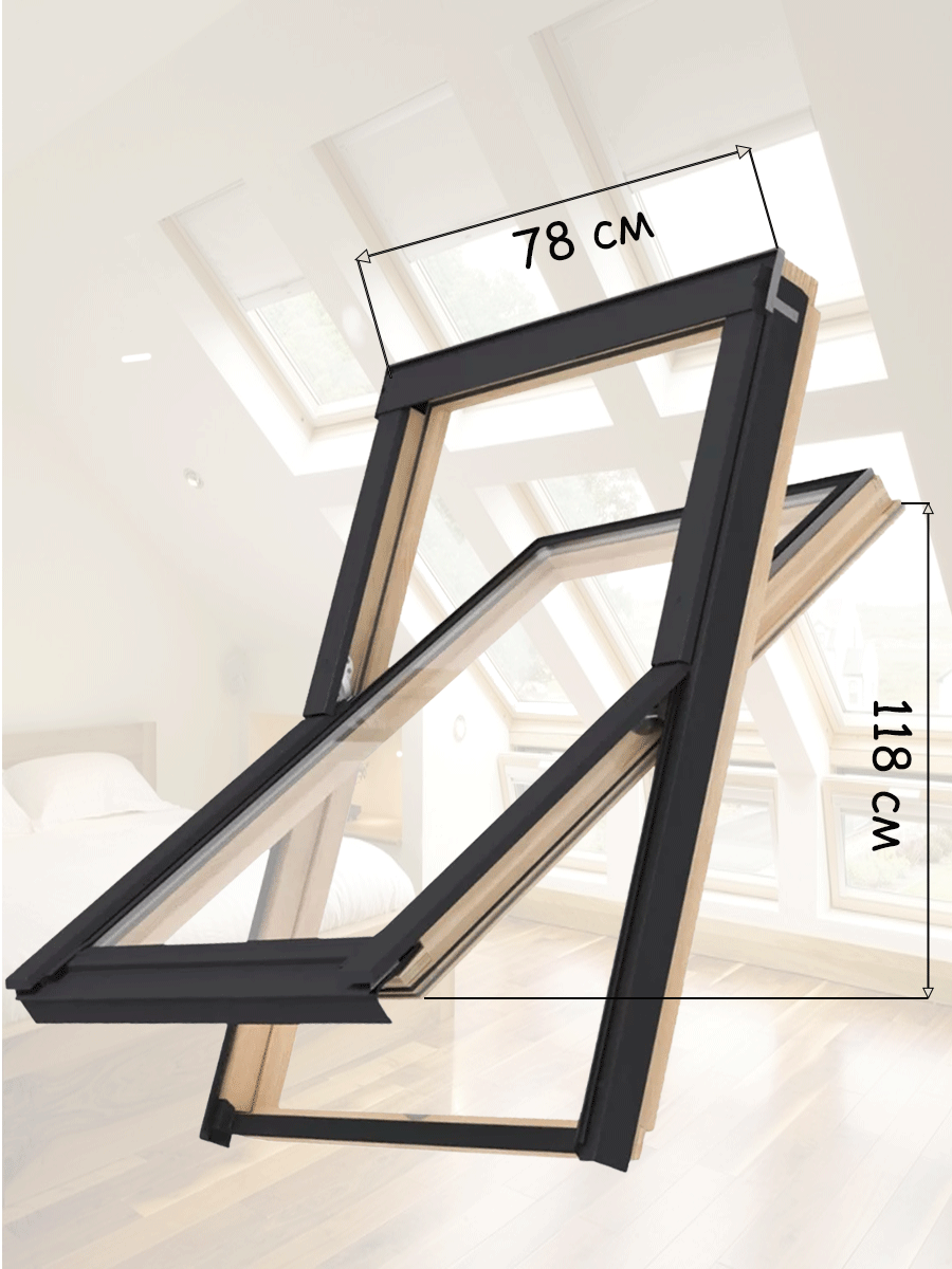 Мансардное окно + Оклад универсальный Optimal 78х118 CitiSky деревянное среднеповоротное с двухкамерным стеклопакетом - фотография № 1