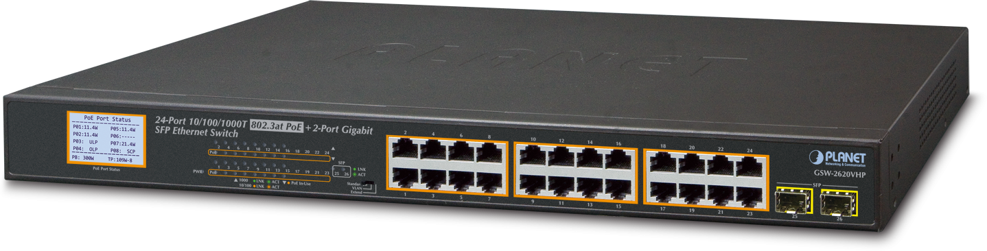 коммутатор/ PLANET 24-Port 10/100/1000T 802.3at PoE + 2-Port 1000SX SFP Gigabit Switch with LCD PoE