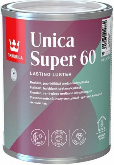 Тиккурила Уника Супер 60 лак полуглянцевый (0,9л) / TIKKURILA Unica Super 60 лак по дереву полуглянцевый (0,9л)