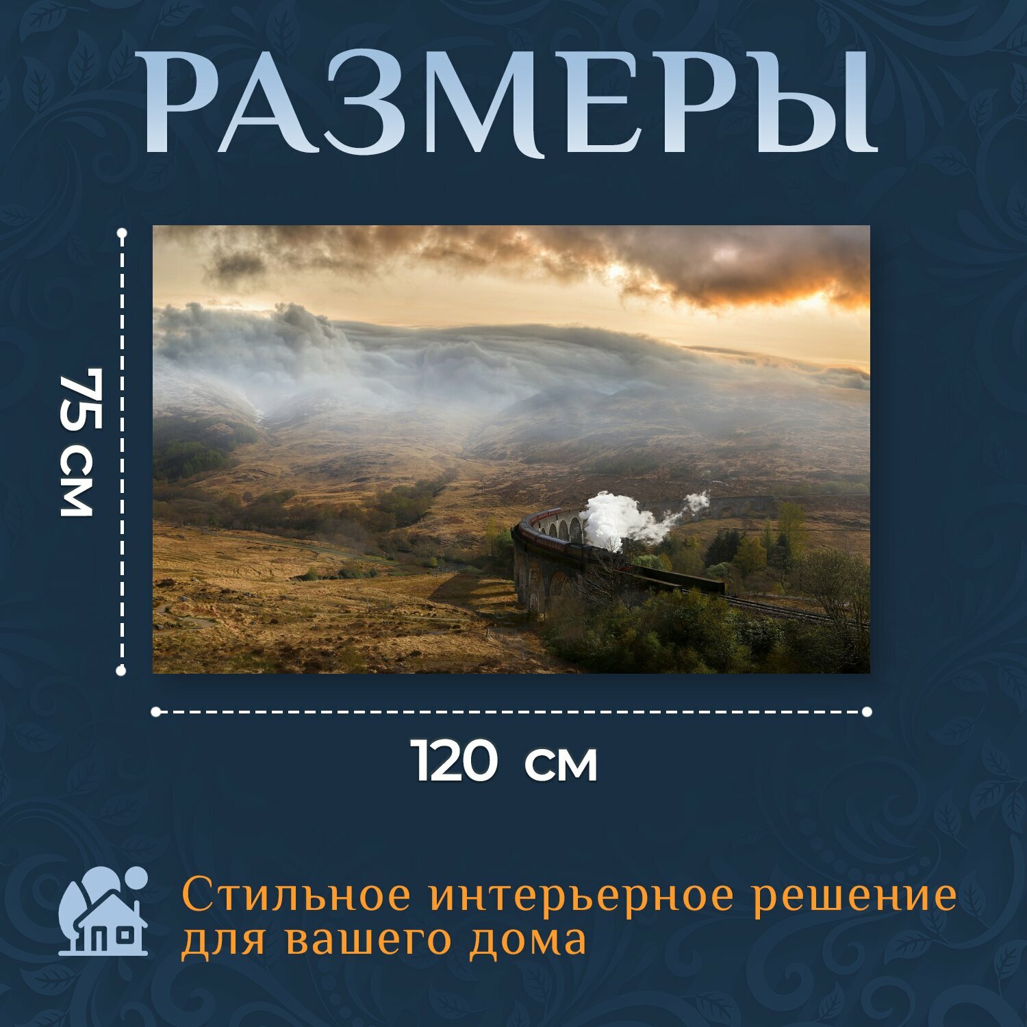 Картина на холсте "Пейзаж, поезд, мост" на подрамнике 120х75 см. для интерьера