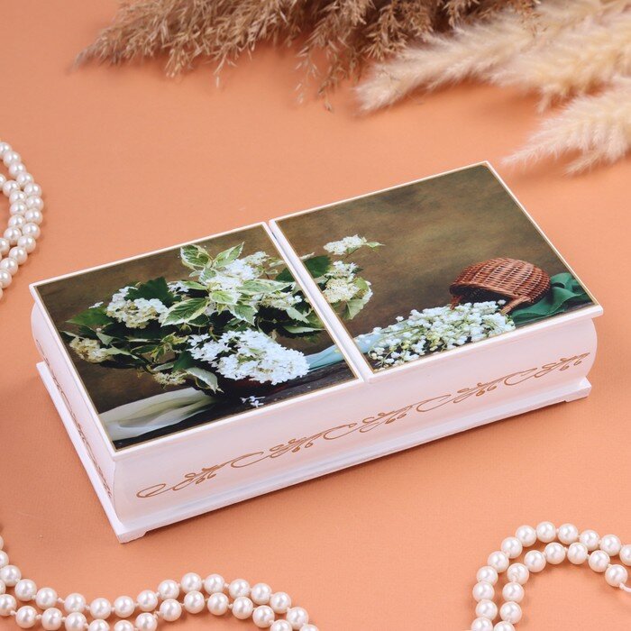 фото Шкатулка "Сирень и ландыши", белая, 20,6 х 10,2 х 5 см, двойная, лаковая миниатюра