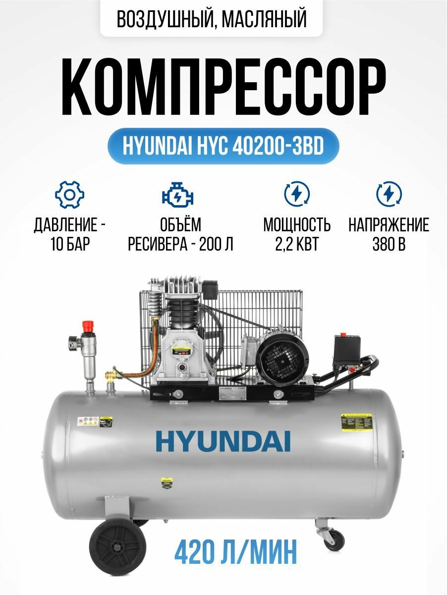 Компрессор воздушный масляный Hyundai HYC 40200-3BD 200 л, 420 л/мин, для пневмоинструмента, продувочной техники, накачки колес, для покраски