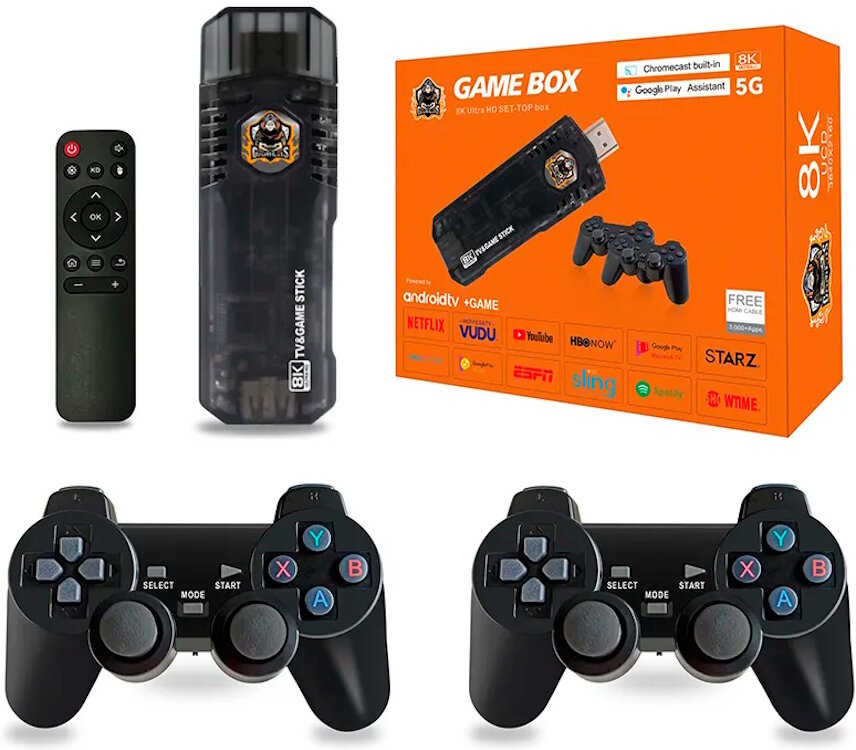 Игровая приставка Game Box 8K Ultra HD + Android TV 64 GB + 10000 встроенных игр + 2 беспроводных геймпада + пульт ДУ (Черный)