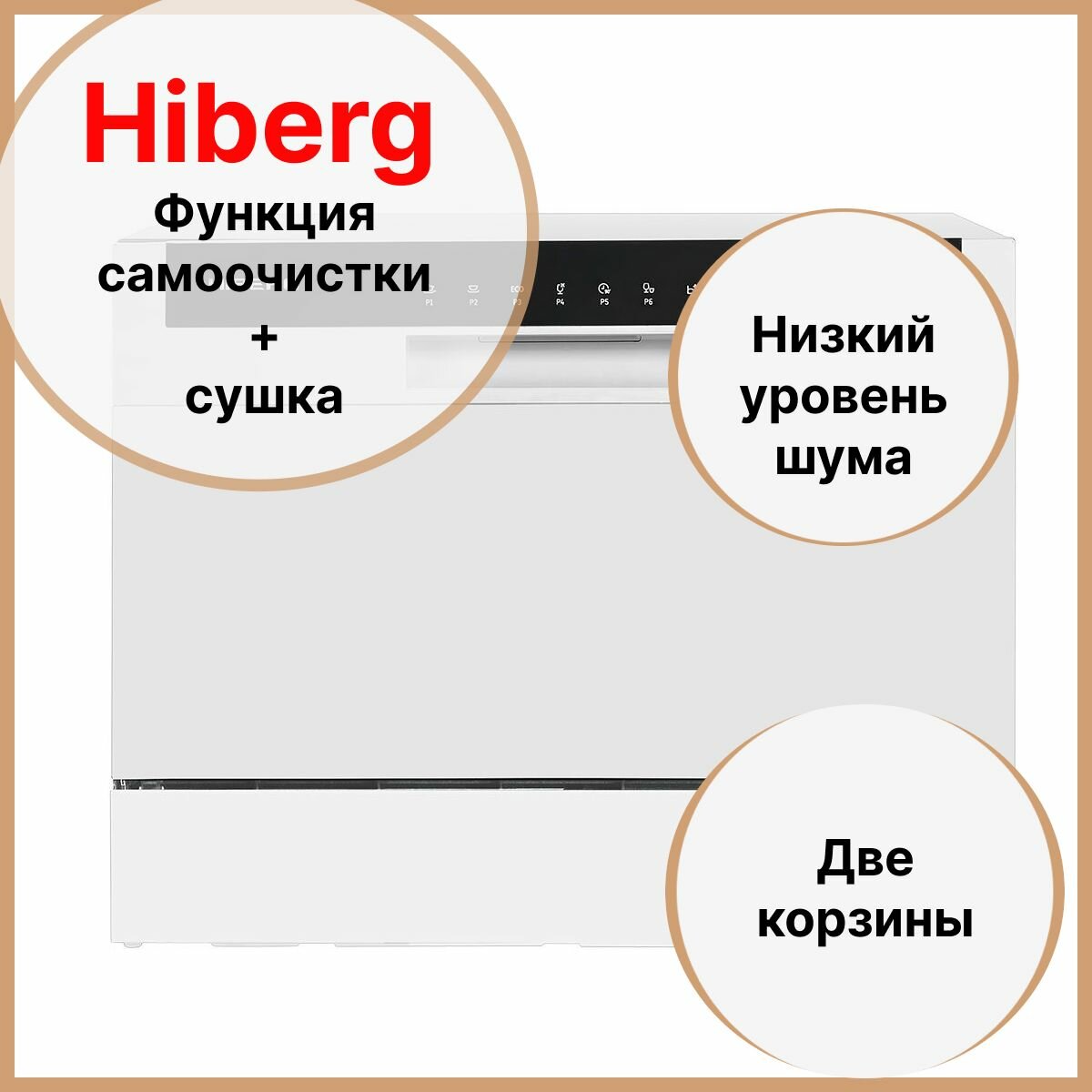 Посудомоечная машина HIBERG T56 615 W, отдельностоящая, возможность встраивания, mini, 7 программ, 2 корзины, цвет белый - фотография № 1