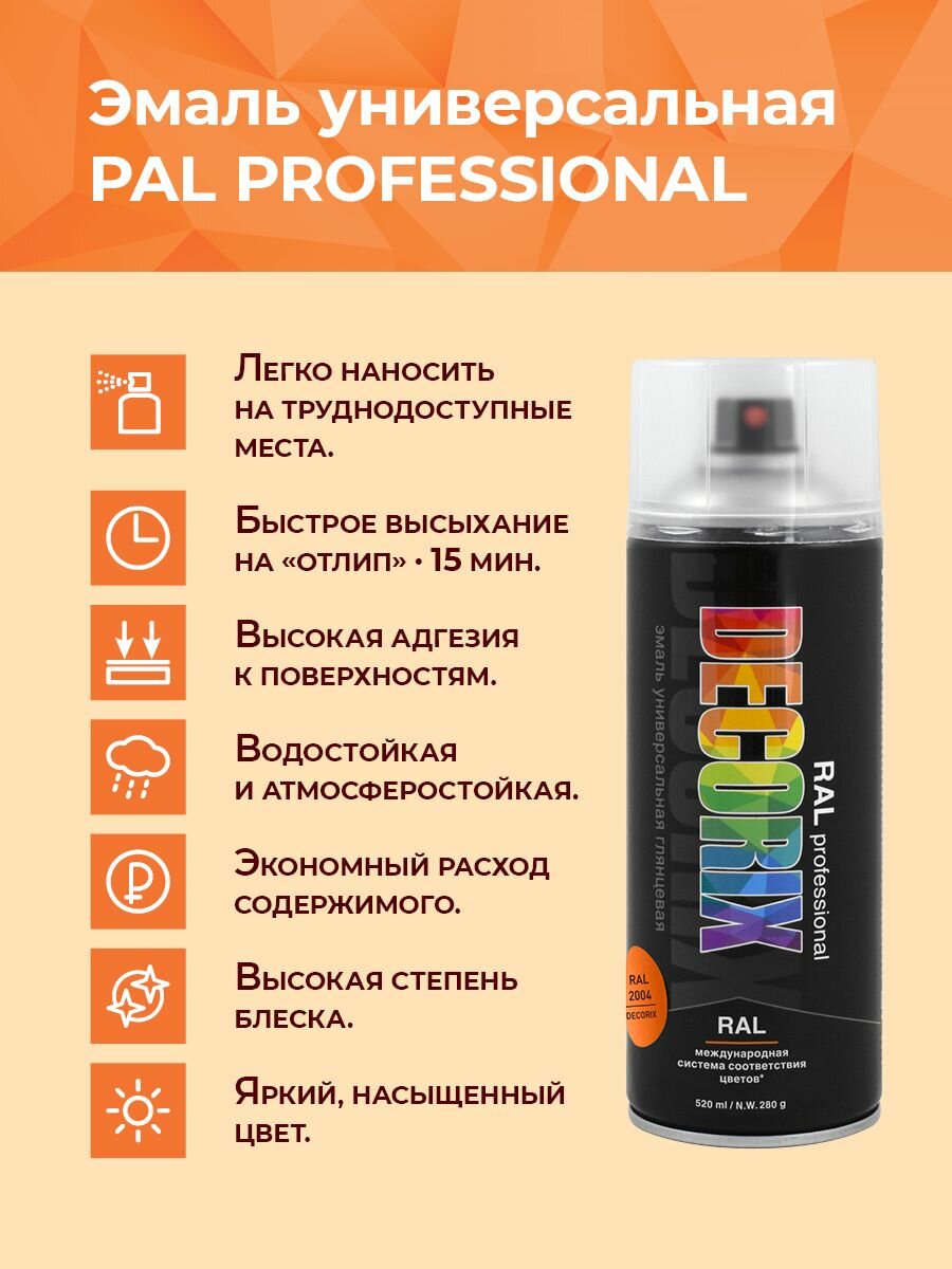 Аэрозольная краска DECORIX RAL Professional 520 мл, цвет Чистый оранжевый, RAL 2004