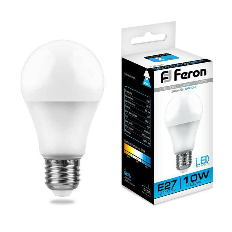 Feron LB-92 Лампа светодиодная , A60 (шар), 10W 230V E27 6400К (дневной), 800Lm 1 шт.