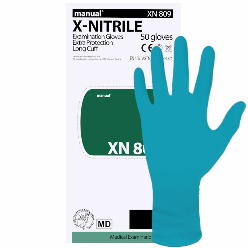 Перчатки нитриловые повышенной прочности с удлиненной манжетой Manual XN 809 сине-зеленый (25 пар, M)