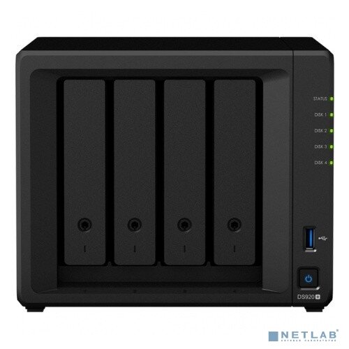 Synology Дисковый массив Synology DS920+ Сетевое хранилище C2GhzCPU/4Gb(upto8)/RAID0,1,10,5,6/up to 4hot plug HDDs SATA(3,5' or 2,5')(up to 9 with DX517)/2xUSB3.0/2GigEth/iSCSI/2xIPcam(up to 40)/1xPS/3YW