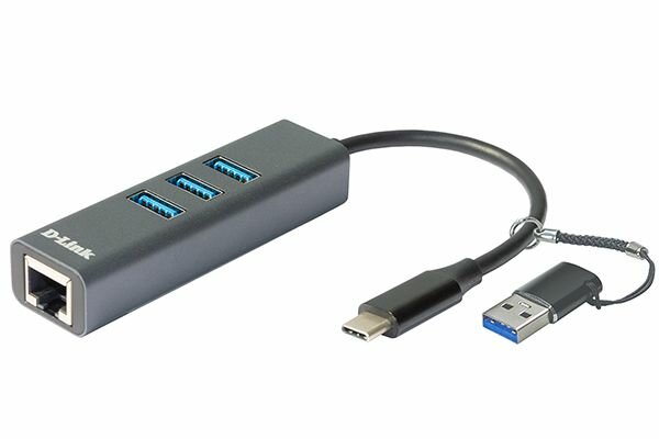 Сетевой адаптер D-Link DUB-2332/A1A Gigabit Ethernet / USB Type-C с 3 портами USB 3.0 и переходником USB Type-C / USB Type-A