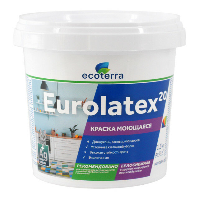 фото краска акриловая ECOTERRA Eurolatex 20 для стен и потолков моющаяся 1,3кг белая, арт.ЭК000135295