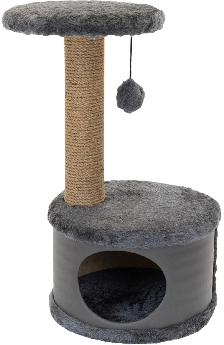 фото Домик когтеточка Дарэленд Конфетти круглый искусственный мех экокожа джут дымчатый 37 х 37 х 73 см (1 шт)