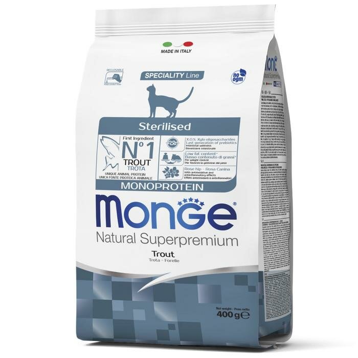 Сухой корм Monge Cat Speciality Line Monoprotein Sterilised для кошек, форель, 400 г - фотография № 1