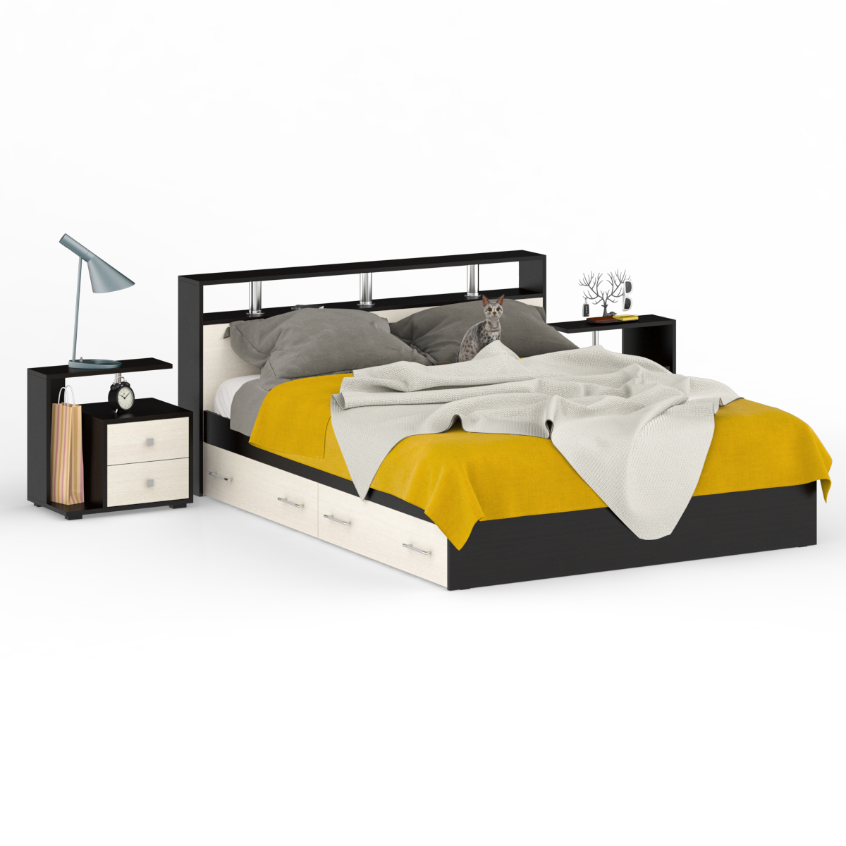 Кровать с ящиками СВК Камелия 1600 + две тумбы Венге/Дуб Лоредо