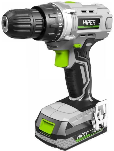 Cordless drill HIPER 18V, 38Nm, 2.0Ah, 0-400 / 0-1200 rpm, 1 battery, Li-ion, box