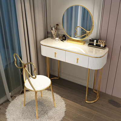 Современный туалетный столик с мраморной столешницей и зеркалом, белый, без тумбы (80 см столик + зеркало + табурет) - фотография № 6