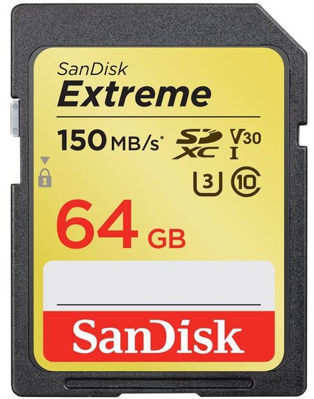 Карта памяти SD 64 Gb Sandisk SDXC Extreme, class 10, 150Mb/s, V30 UHS-I U3 (SDSDXV6-064G-GNCIN)