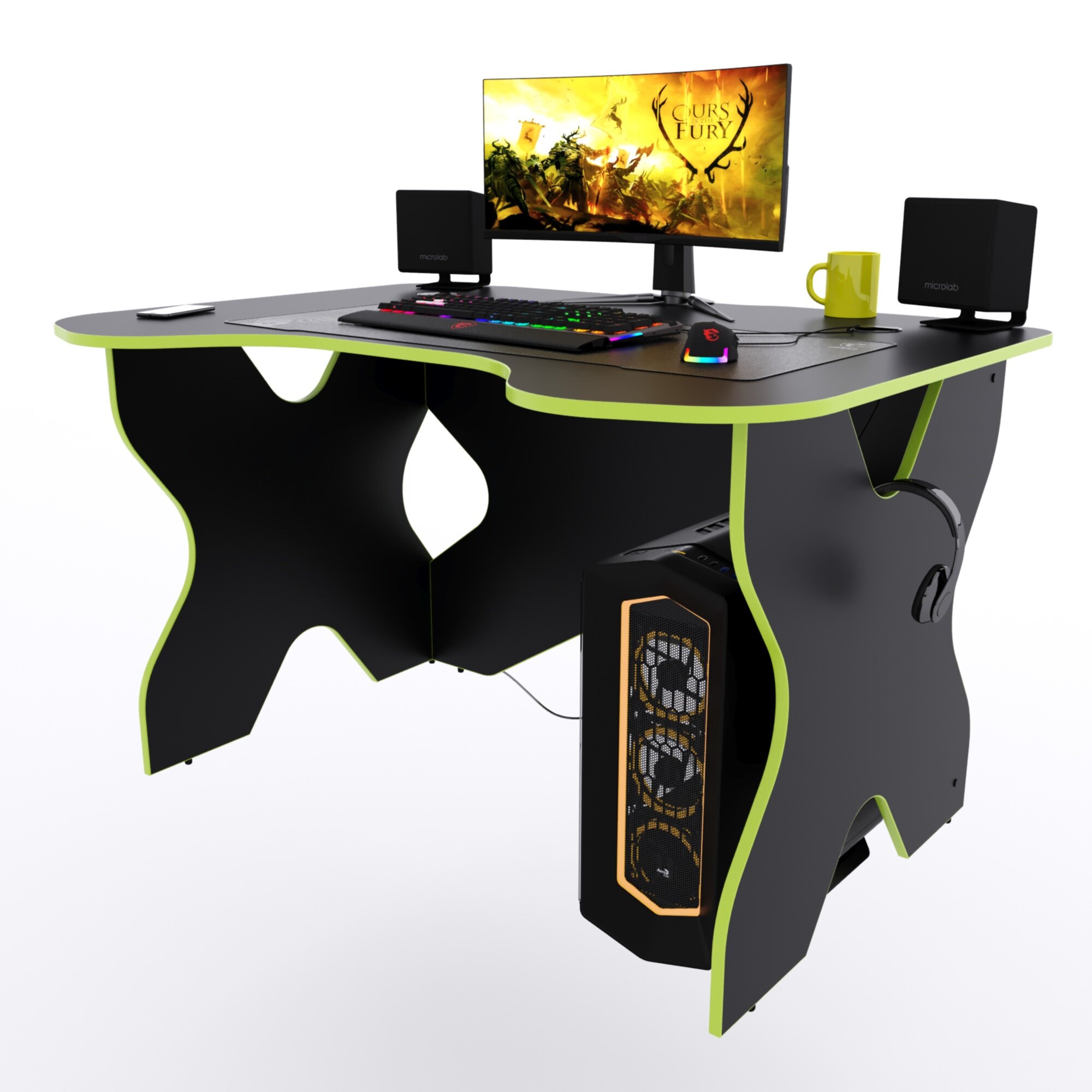 Иксообразный компьютерный стол "Х", чёрный с зелёной кромкой, 140x90x73 см - фотография № 1