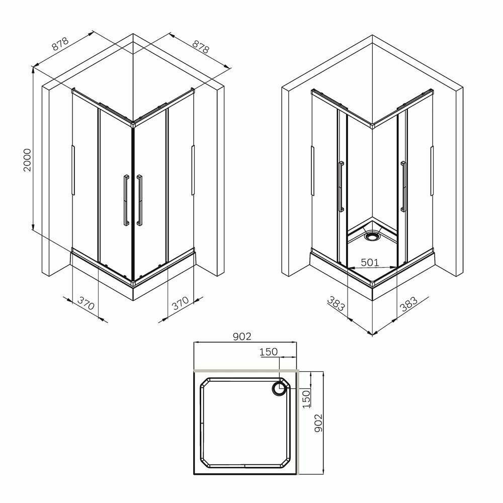 Душевой уголок AM.PM Func Square Slide W84G-403-9090-BТ 90х90 см, душевое ограждение, без поддона, стекло прозрачное, двойные металлические ролики - фотография № 10