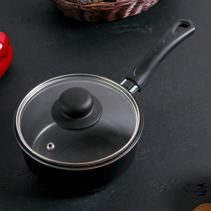 фото Ковш Consul d=16 см, 1,2 л, стеклянная крышка, пластиковая ручка, антипригарное покрытие, цвет чёрный