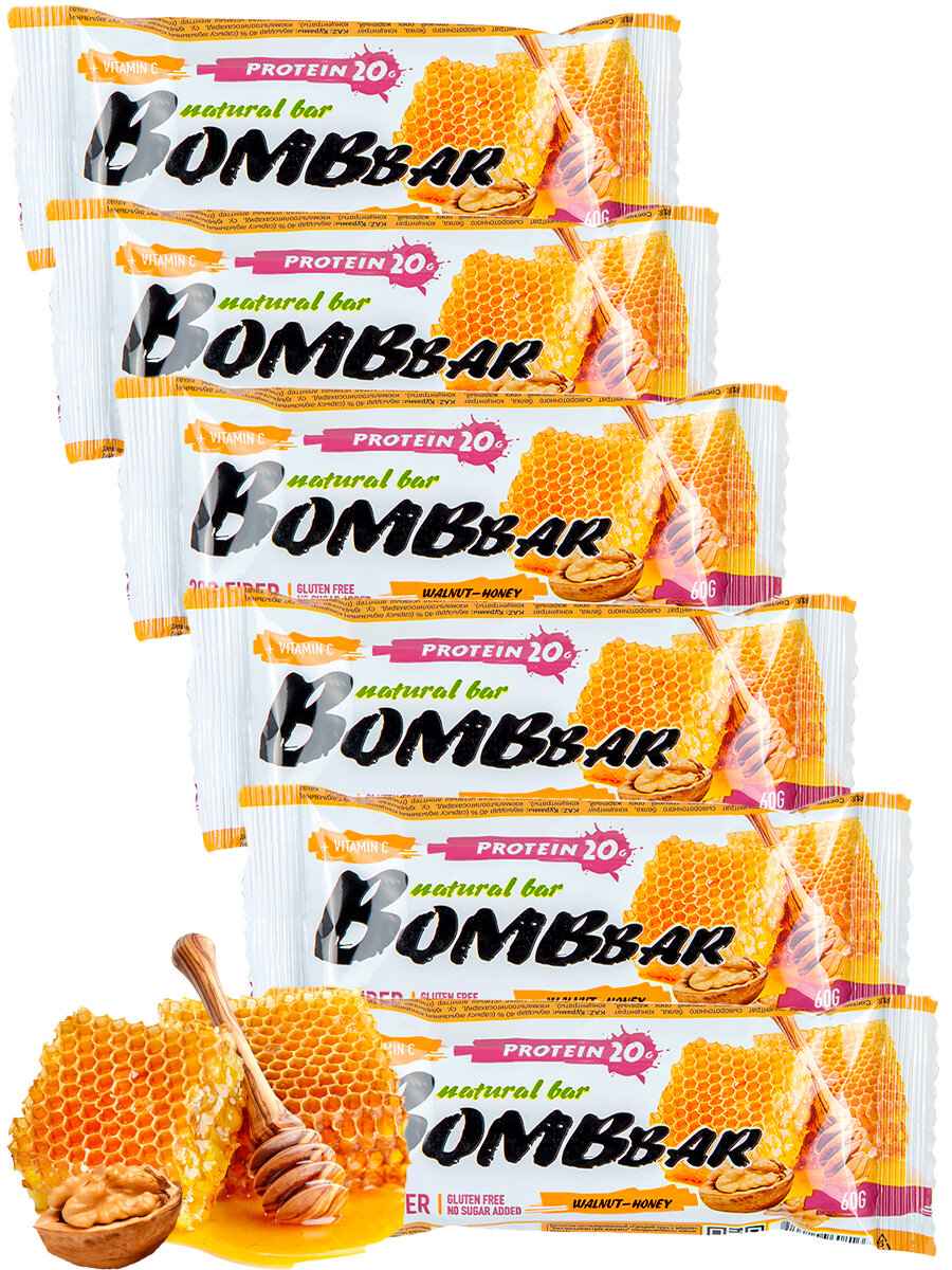 Протеиновый батончик Bombbar Protein Bar 6 x 60 г, Грецкий орех с медом