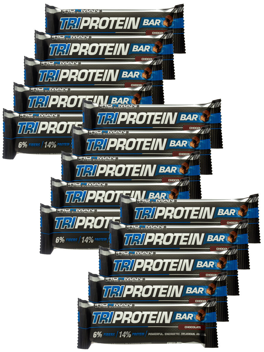 Ironman TRI Protein bar (Шоколад) 15х50г / Протеиновый батончик в шоколаде для набора мышечной массы женщин и мужчин