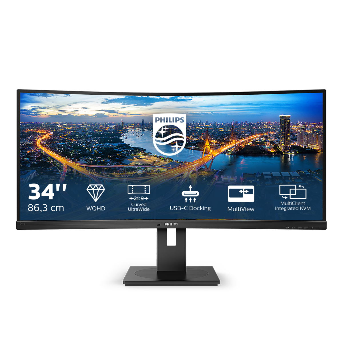 34" PHILIPS 346B1C (00/01) Black (VA, 3440x1440, HDMI+DP+USB Type C, USB Hub, LAN, 1 ms, 178°/178°, 300 cd/m, 3000:1, MM, Cu