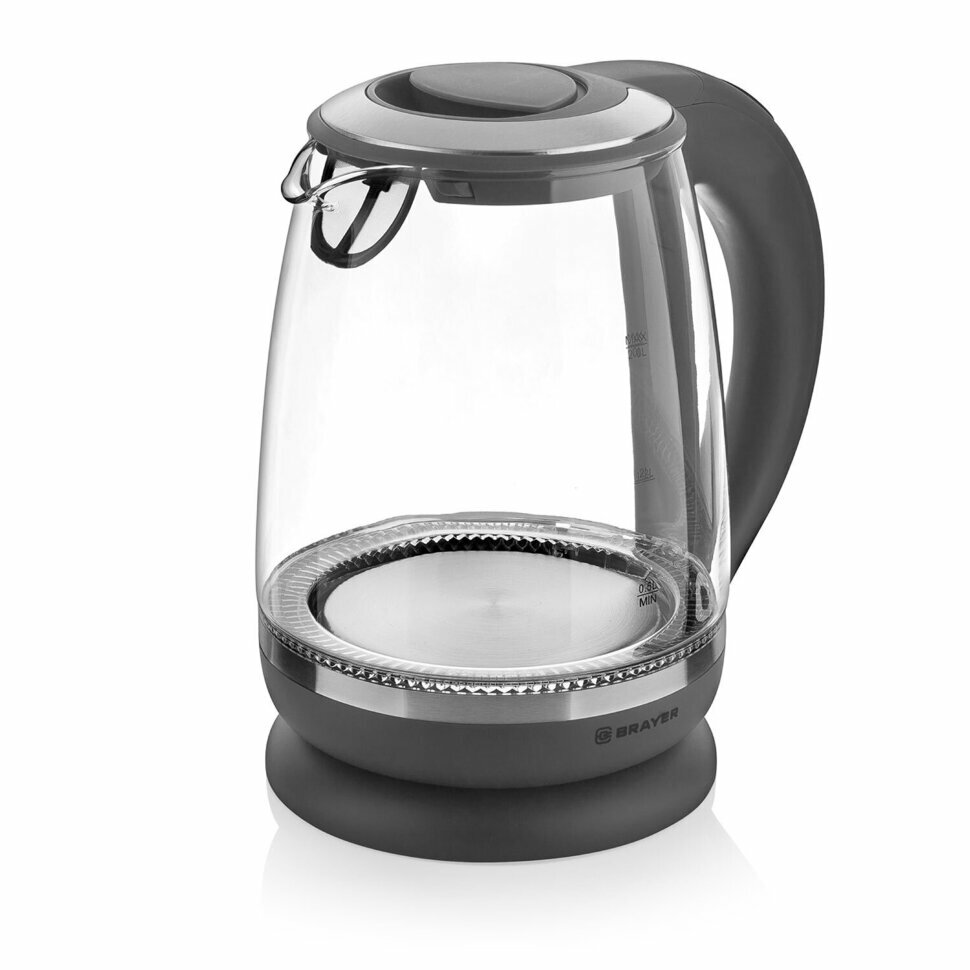 Чайник BRAYER BR1044, 2 л, 2200 Вт, закрытый нагревательный элемент, стекло, серый, 456075 - фотография № 4