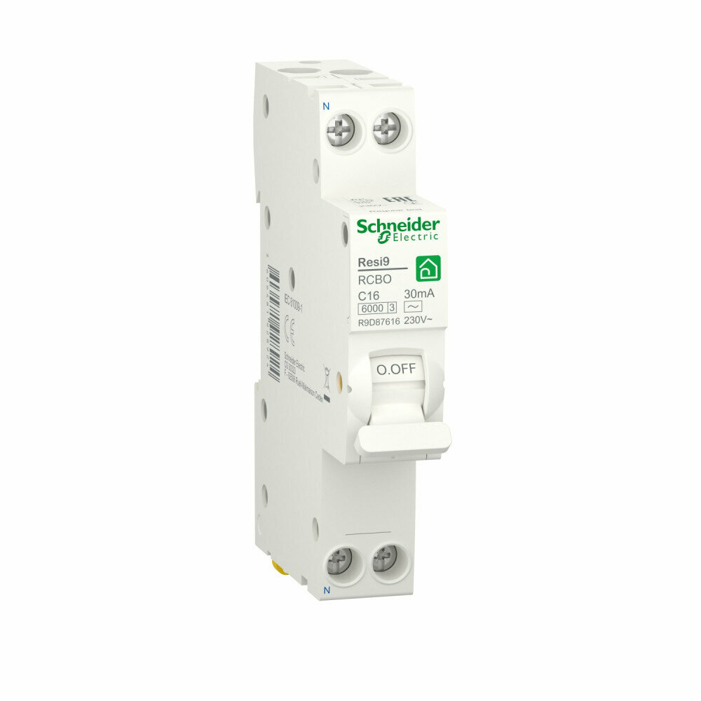 Schneider Electric RESI9 Автоматический выключатель дифференциального тока (ДИФ) 1P+N С 16А 6000A 30мА 18mm тип AC R9D87616