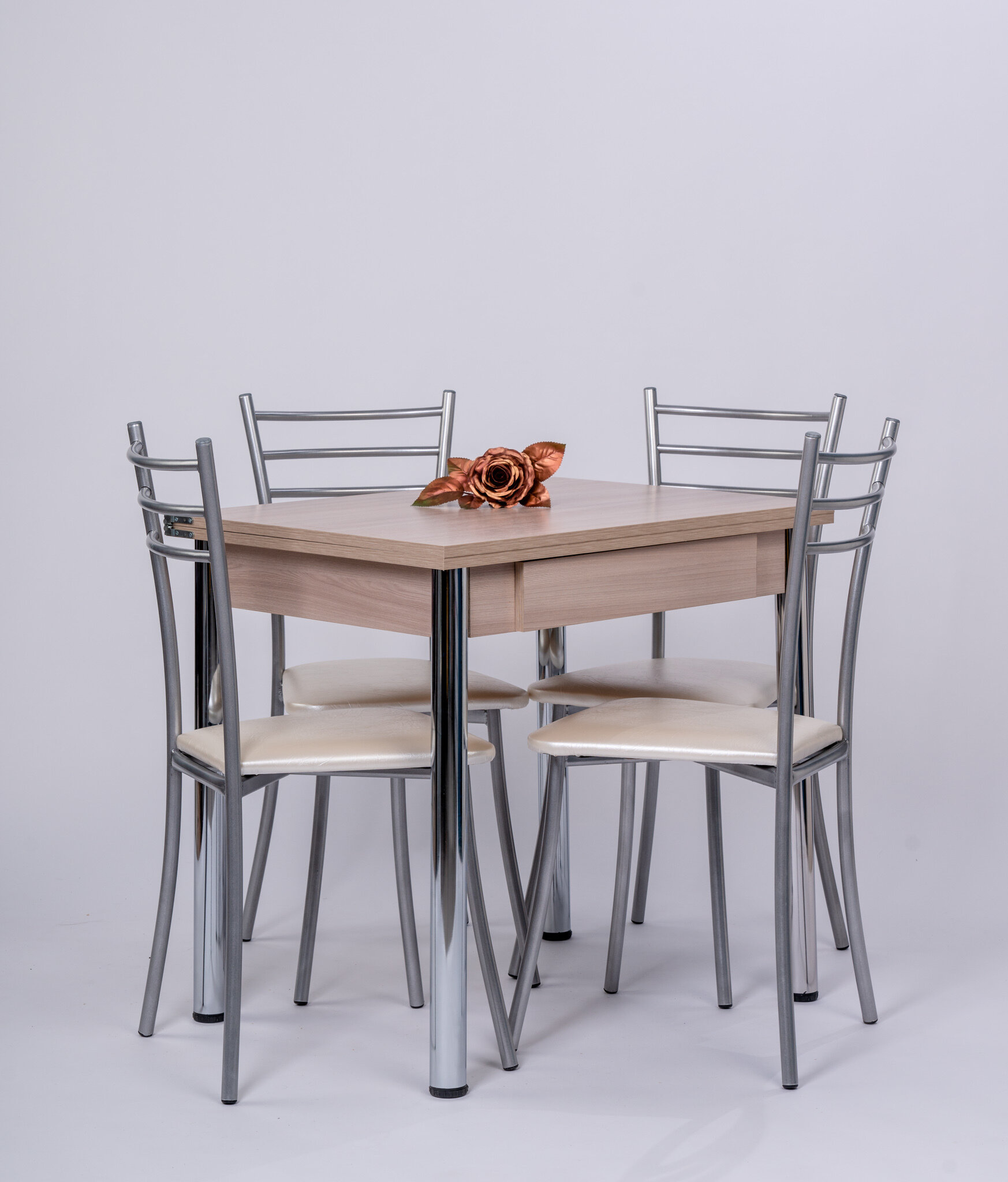 Обеденная группа с 4 стульями, стол с ящиком на хромированных ножках 80х120 Шимо, стулья Хоко жемчужный - фотография № 1