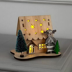 Светодиодная фигура "Дом с оленем" 11 x 15 x 3 см, дерево, батарейки LR41х3, свечение тёплое белое