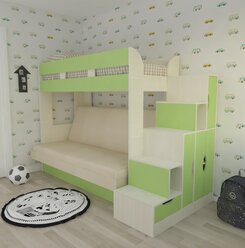 Двухъярусная кровать с диваном Ева бодега светлый/зеленый/бежевый