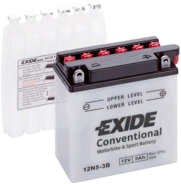 Аккумулятор для мотоцикла и скутера Exide Conventional 5 А/ч 40 А обр. пол. с/зар. с эл. 12N5-3B (120х60х130) YB5L-B