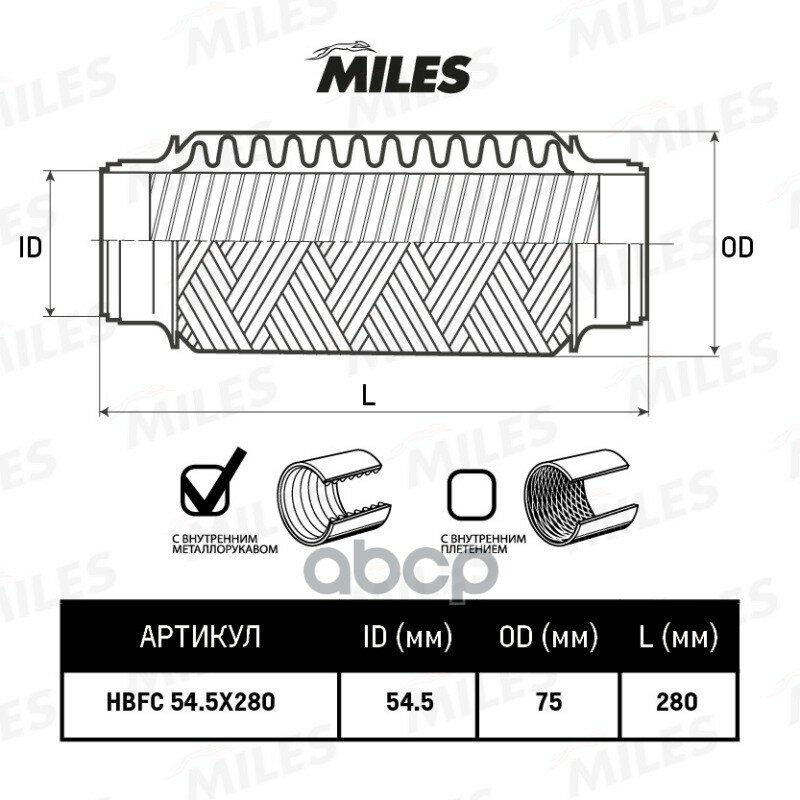 Труба Гофрированная (Гофра) С Внутренней Металлорукавом 54.5X280 (Bosal 265-337) Hbfc54.5x280 Miles арт. HBFC54.5X280