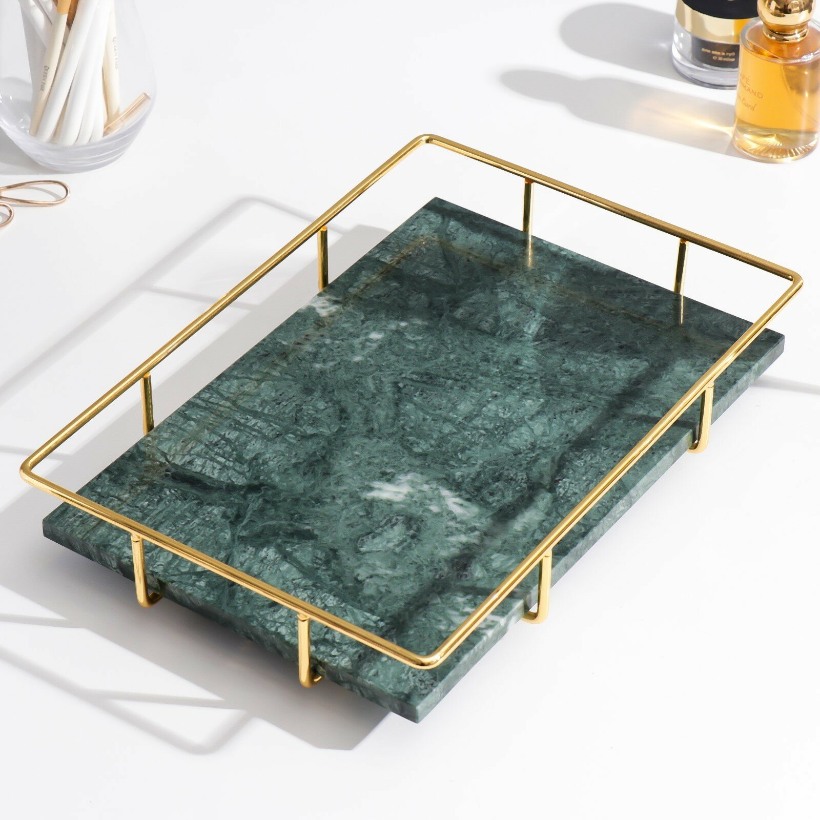 фото Подставка интерьерная мрамор "Малахит" прямоугольная 6х31х21 см