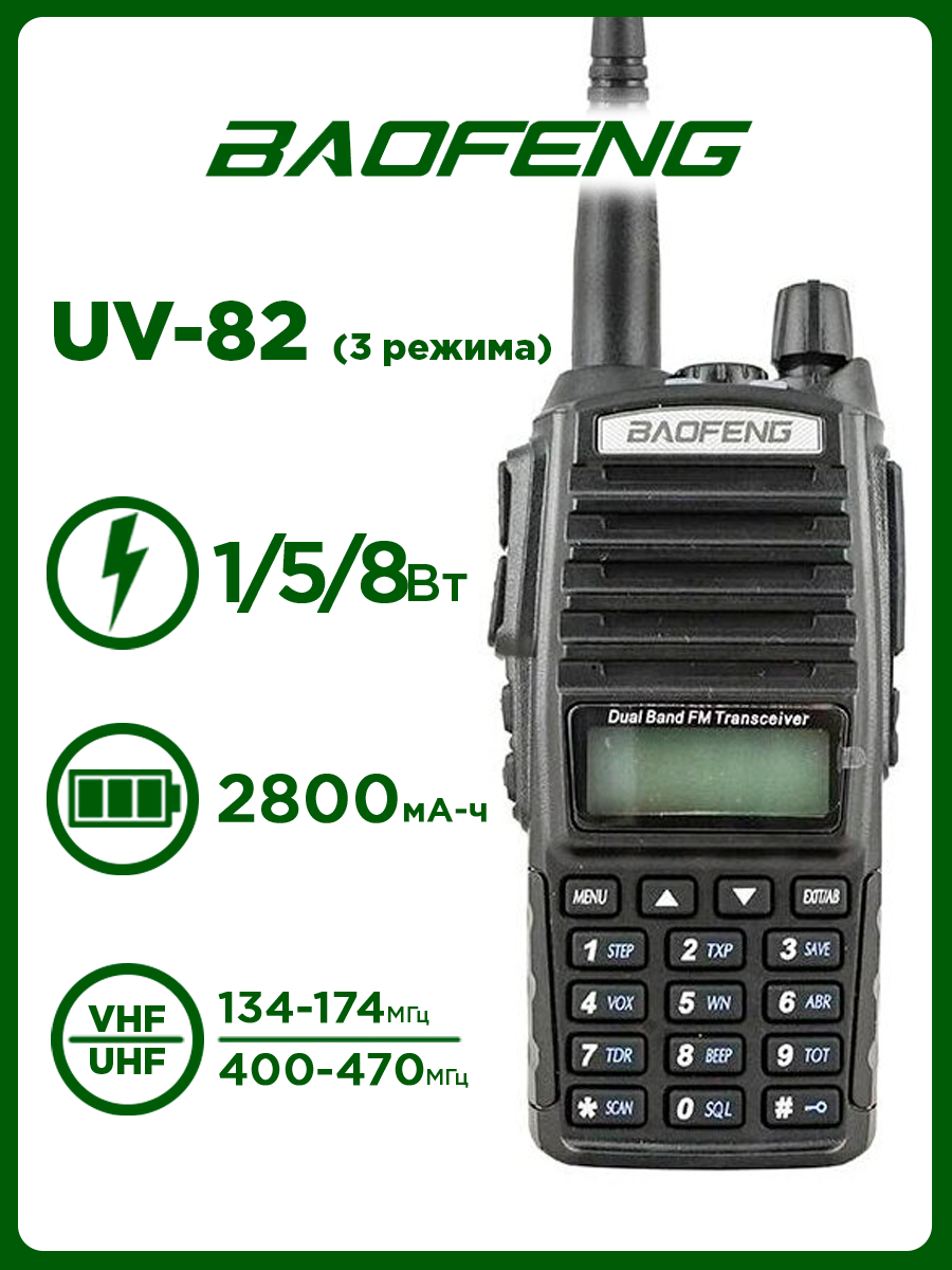 Радиостанция Baofeng UV-82 (8W) 3 режима мощности (Черный)